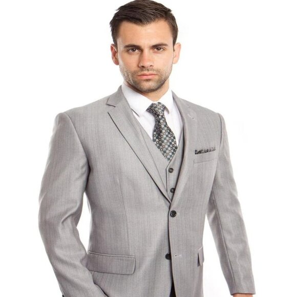 Light Grey Suit - Silver Gray Suit For Wedding - Men's Two Button Vested Texture - Picture 1 of 2